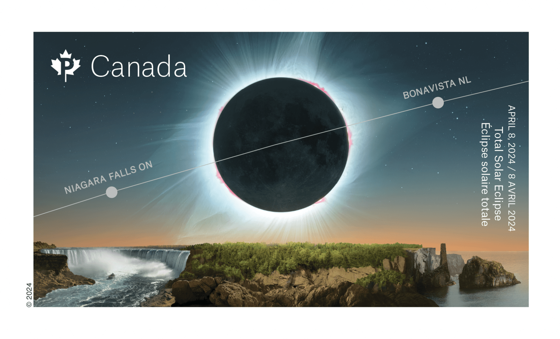 Total Solar Eclipse 2024 stamp from Canada Post, featuring the solar eclipse path of totality across the Bonavista Peninsula. The Chimney at Spillar's Cove, one of the geosites from the Discovery Global Geopark is featured.